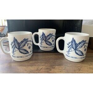 Harmonia Lot 3 Mugs Milk Opal Glass White Blue Made in Spain Vintage Excellent